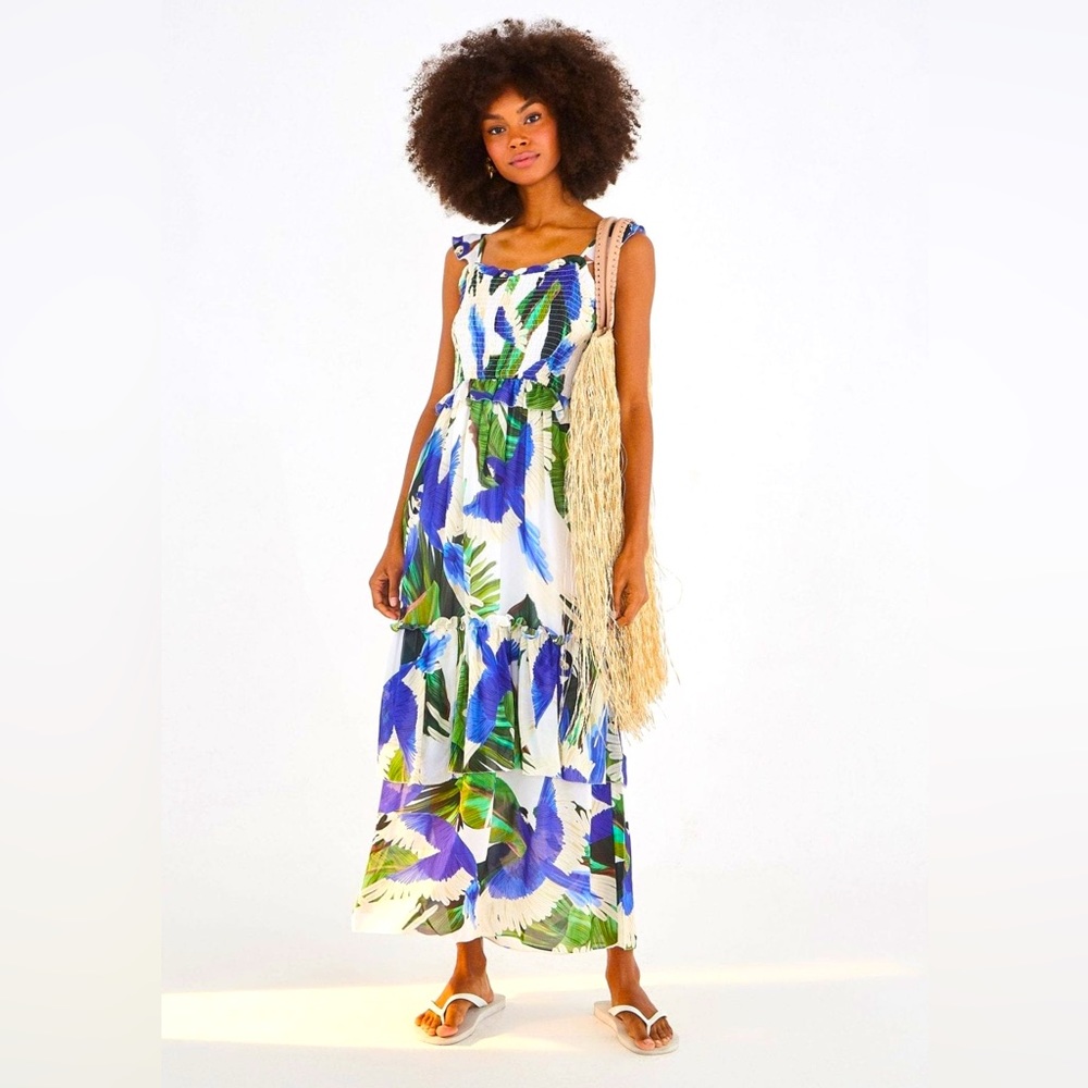 FARM Rio Blue Wind Maxi Dress Leaf Parrot Bird Macaw Print Size M